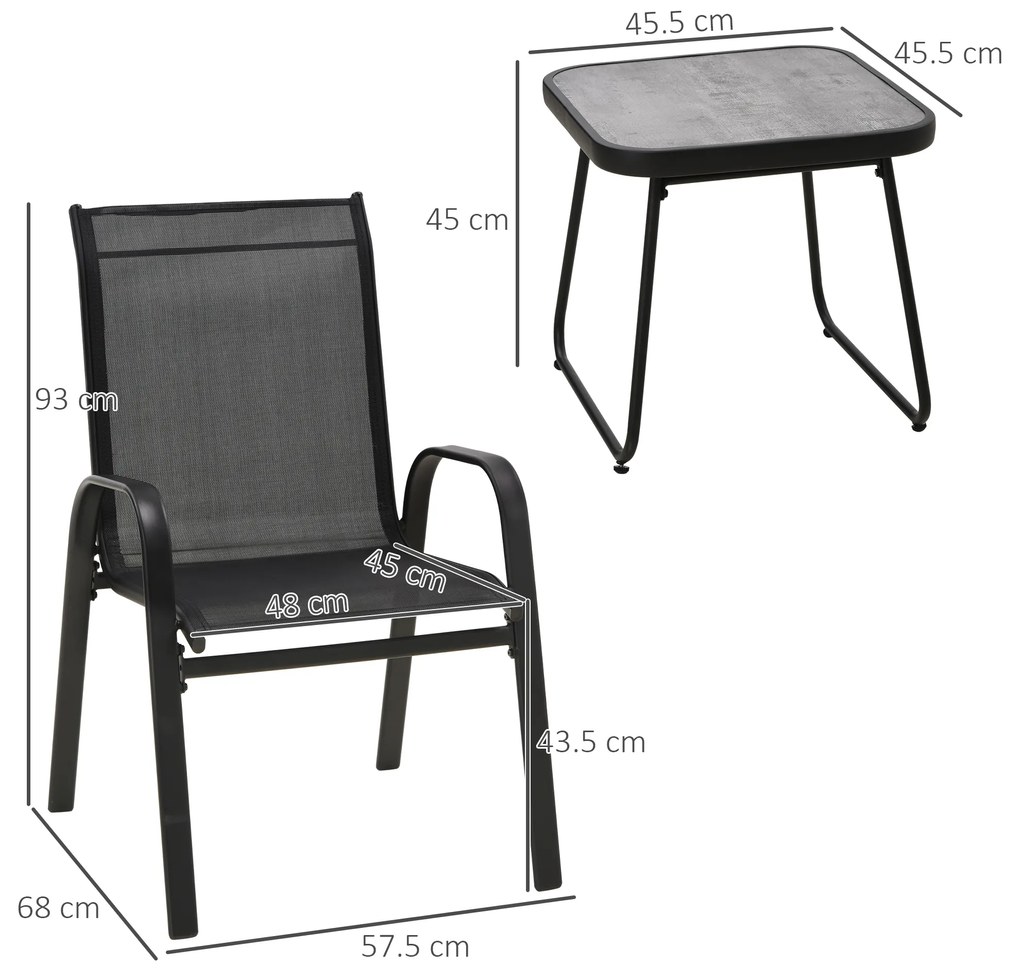 Outsunny Set Bistro de Exterior din 3 Piese, 2 Fotolii Stivuibile cu Țesătură Respirabilă și Măsuță de Cafea, 45x45,5x45,5 cm, Negru | Aosom Romania