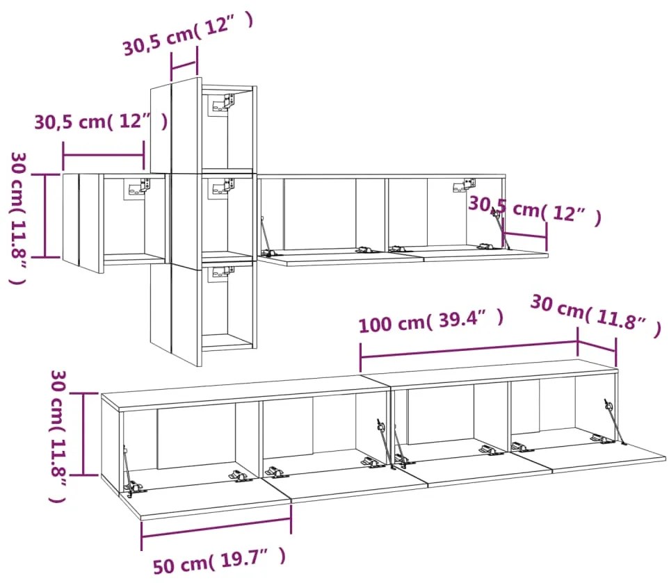 Set dulapuri TV, 7 piese, stejar maro, lemn prelucrat 7, Stejar brun, 100 x 30 x 30 cm