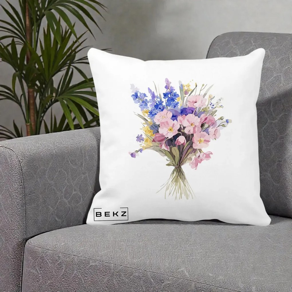 Perna Decorativa Buchet Floral Acuarela Primavara, 40x40 cm, Alba Mata, Husa Detasabila, Perna Inclusa, BEKZ®