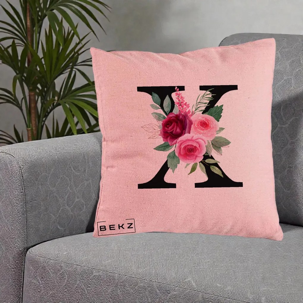 Cadou Personalizat - Perna Personalizata Monograma Florala Litera X cu Buchet, 40x40 cm, Roz, Husa Detasabila, Perna Inclusa, BEKZ®
