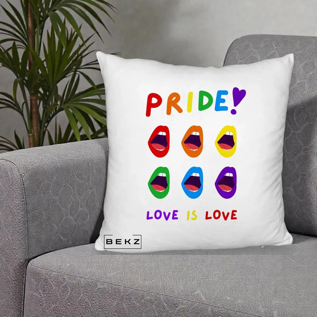 Perna Personalizata Pride Love is Love Curcubeu, 40x40 cm, Alb Pufos, Husa Detasabila, Perna Inclusa, BEKZ®
