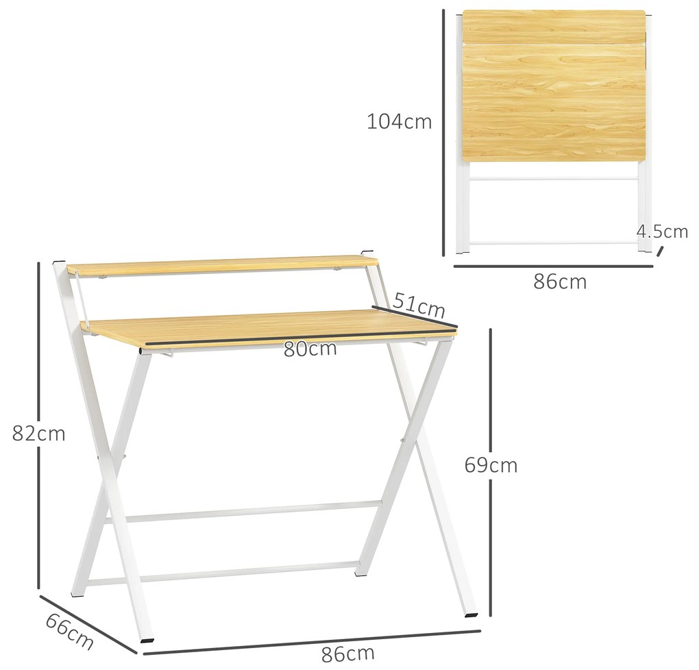 HOMCOM Birou Pliabil pentru Spații Mici, Birou Pliabil pentru Computer cu Raft de Depozitare, 86x66x82 cm, Lemn Natural | Aosom Romania