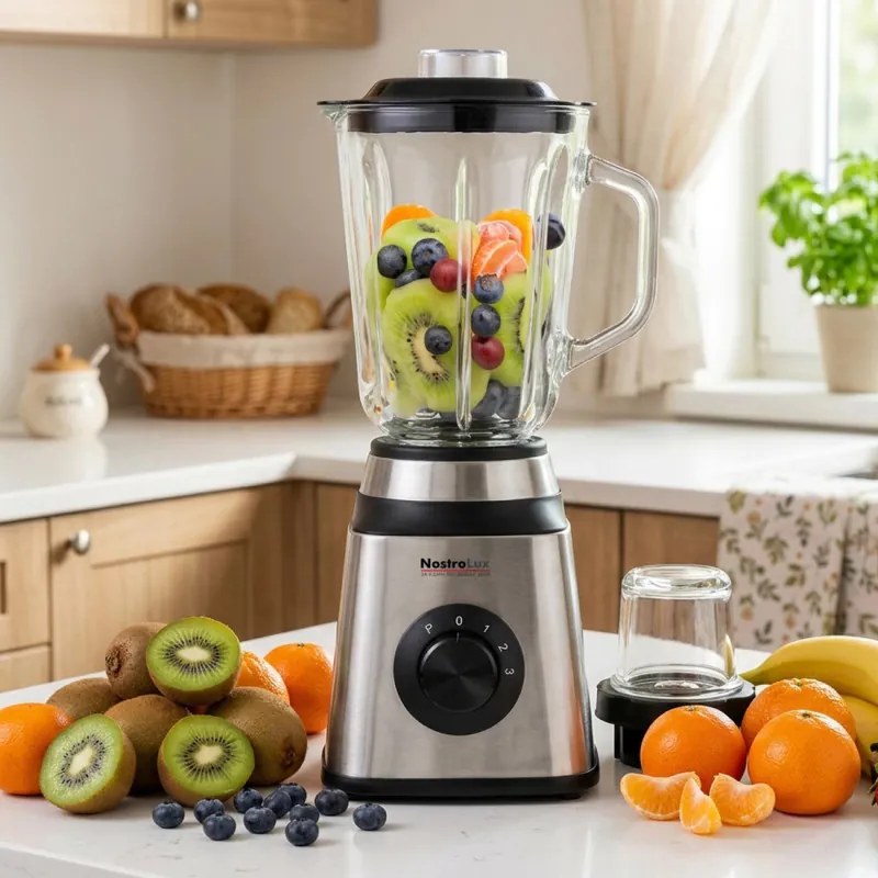 Blender 2in1 NostroLux NL51162C, 1000 W, 1,5 l, 3 viteze, Functie puls, Protectie, 6 lame, Accesoriu-rasnita, Inox/negru