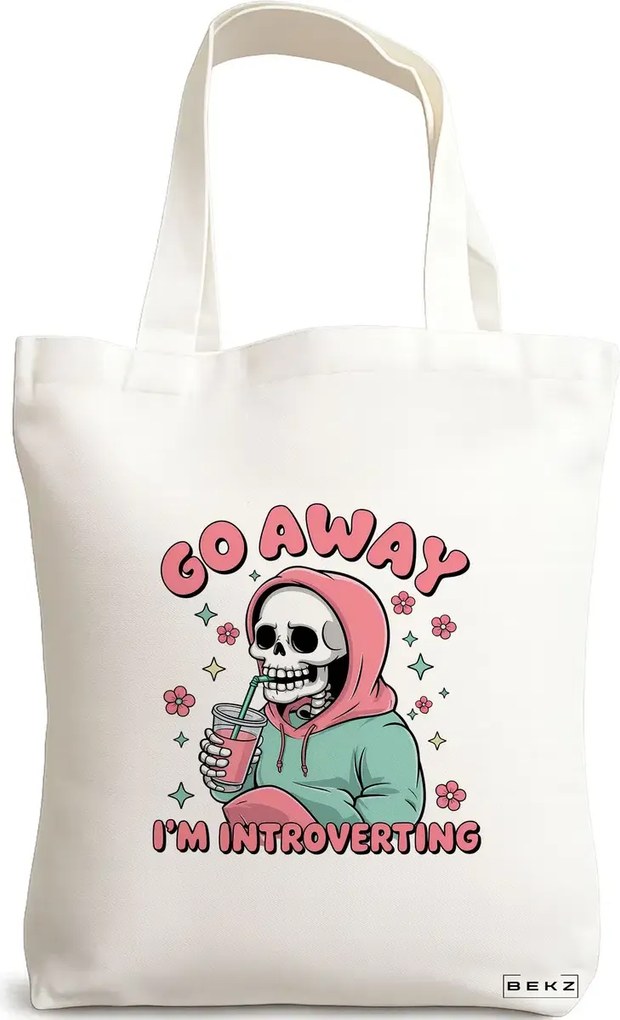 Sacosa de Panza pentru Cumparaturi, Geanta Tote, model Go away I'm introverting 38 x 34.5 cm, Alba, BEKZ®