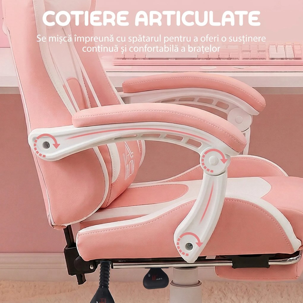 HOMCOM Scaun de Gaming Ergonomic cu Urechi de Pisică, Suport pentru Picioare și Suport Lombar, 65x62x116-124 cm, Roz | Aosom Romania