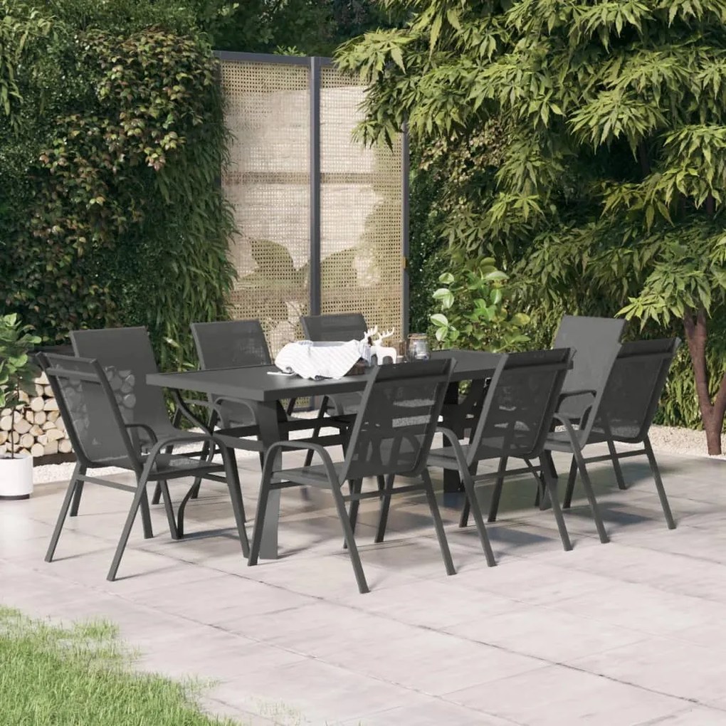 Set mobilier de gradina, gri si negru, 9 piese Gri si negru, Lungime masa 180 cm, 9