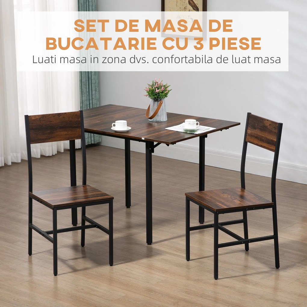 Set de 3 piese HOMCOM, masa cu extensie plianta, 2 scaune | Aosom RO