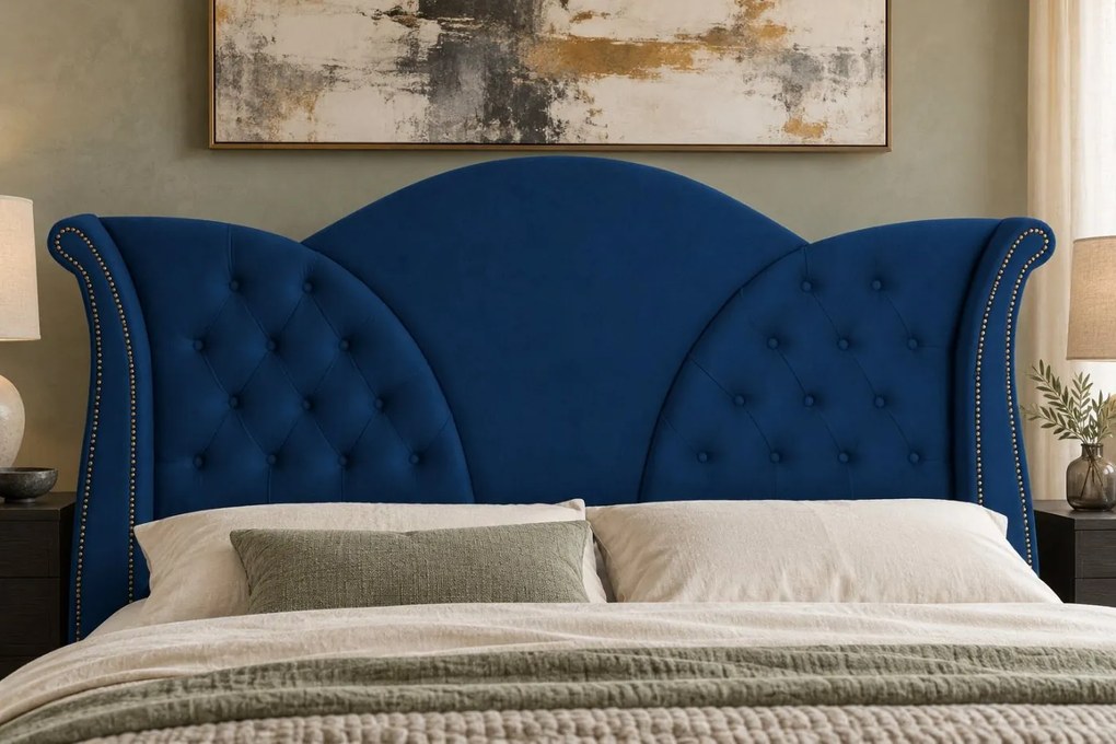 Pat tapițat Chesterfield din catifea Velora Deluxe Classic 160×200 cm, bleumarin, cu ladă de depozitare