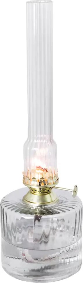 Lampă cu petrol din sticlă reciclată transparentă cu model în relief, arzător din alamă, mică, Ø 8 x H 25 cm, „Elvira"