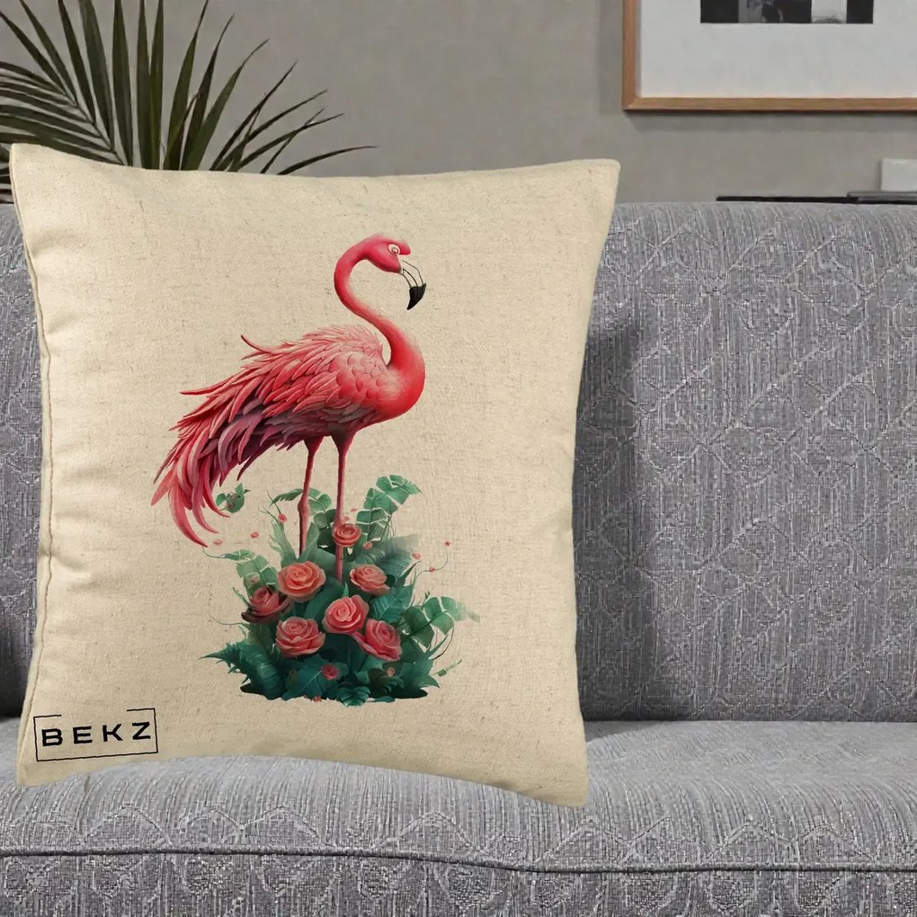 Perna Decorativa Flamingo cu Trandafiri Tropicali, 40x40 cm, Bej, Husa Detasabila, Perna Inclusa, BEKZ®