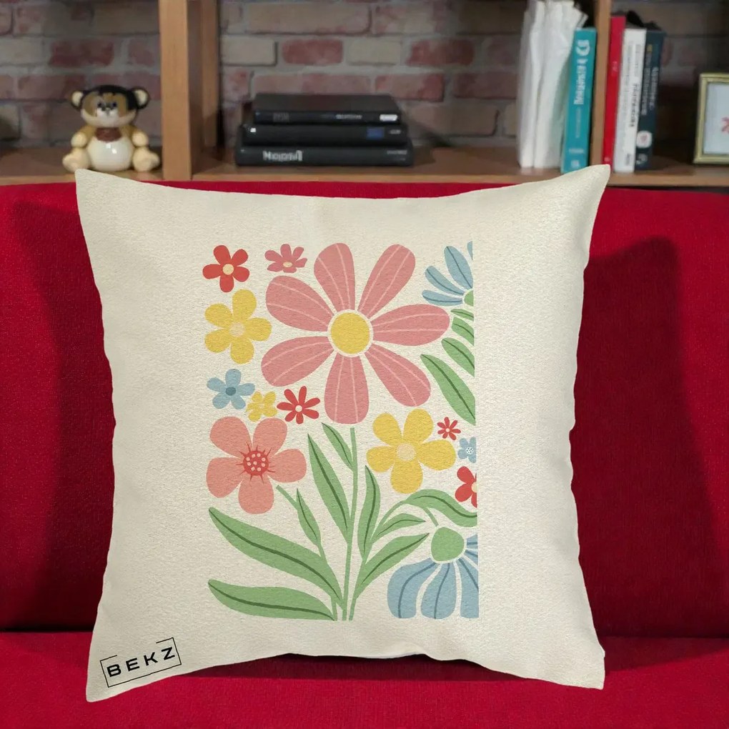 Perna Decorativa Flori Grafice Roz Pastel, 40x40 cm, Ecru, Husa Detasabila, Perna Inclusa, BEKZ®