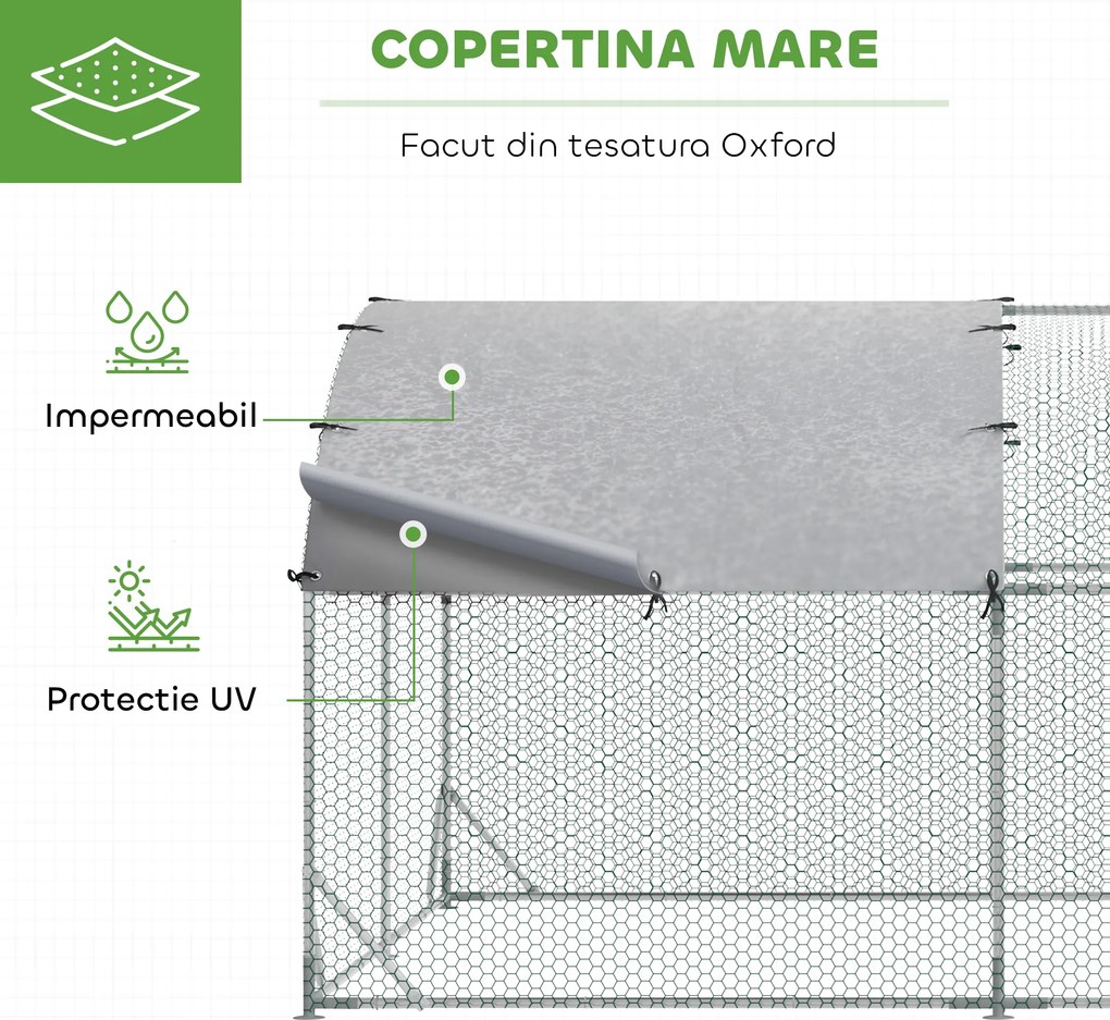 PawHut Coteț pentru Găini de Exterior, 2.8x3.8x2m Recintă din Oțel Zincat cu Acoperiș Impermeabil Anti-UV și Încuietoare, Găini, Iepuri și Rațe | Aosom Romania
