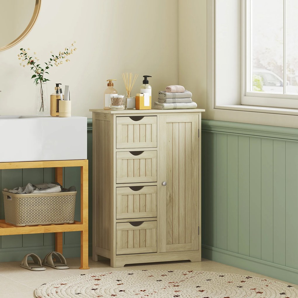 kleankin Dulap de baie Coloană îngustă cu 4 sertare și raft reglabil Stil modern 56x30x83 cm Lemn natural | Aosom Romania