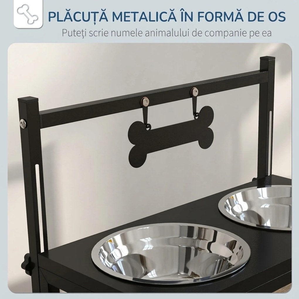 PawHut Boluri pentru Câini cu Înălțime Reglabilă și Plăcuță de Identificare, 2 Boluri din Oțel pentru Apă și Mâncare, 40.5x22x39 cm, Negru