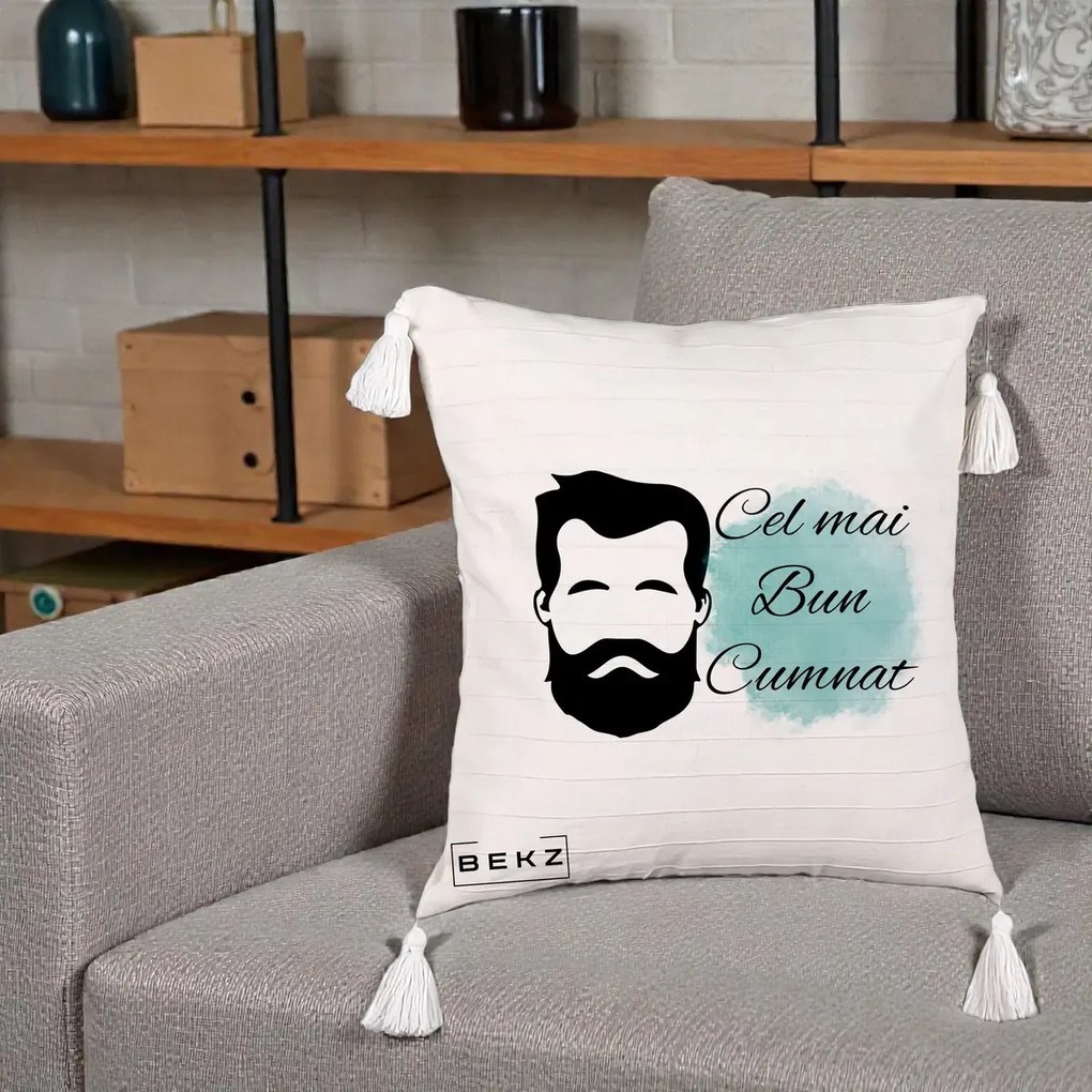 Cadou pentru Cumnat - Perna Personalizata Cel mai Bun Cumnat cu Portret Barbat si Pete Teal, 40x40 cm, Bej cu Franjuri, Husa Detasabila, Perna Inclusa, BEKZ®