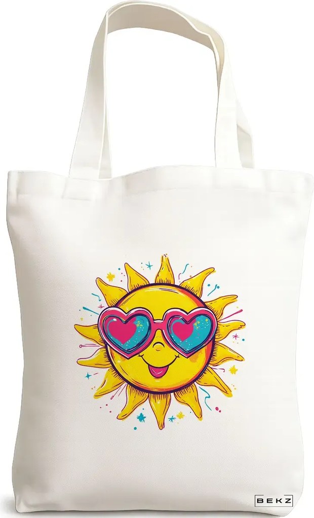 Sacosa de Panza pentru Cumparaturi, Geanta Tote, model Sun faces 3 38 x 34.5 cm, Alba, BEKZ®