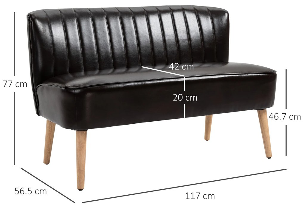 HOMCOM Canapea moderna din material imitatie de piele cu 2 locuri fara brate, structura si picioare din lemn, 117x56,5x77cm maro inchis 