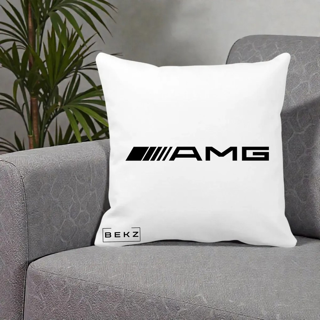Perna Personalizata cu emblema Mercedes-AMG, 40x40 cm, Alba Mata, Husa Detasabila, Perna Inclusa, BEKZ®
