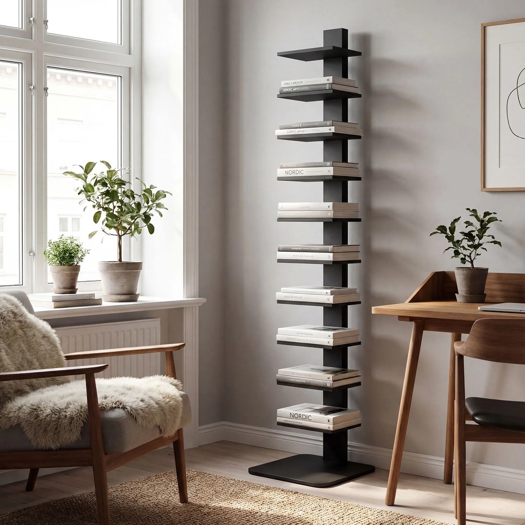 HOMCOM Bibliotecă Verticală înaltă cu 11 Rafturi, Bibliotecă Economisitoare de Spațiu Slim, Raft Industrial pentru Living, Dormitor, Birou, 34.5x41.5x163.5 cm, Negru | Aosom Romania