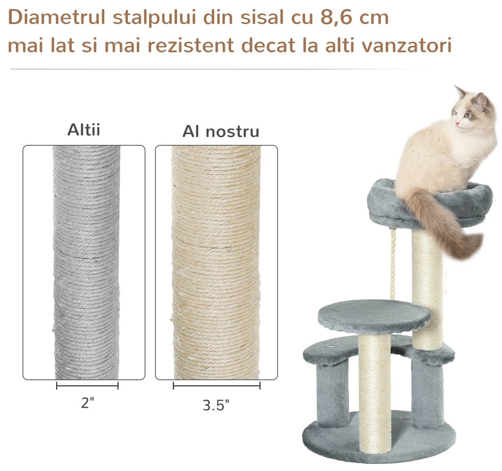 Copac pentru Pisici cu 3 Niveluri, 2 platforme si frânghie, din Plus, Sisal, Natural Gri Ф40x65cm PawHut | Aosom Romania