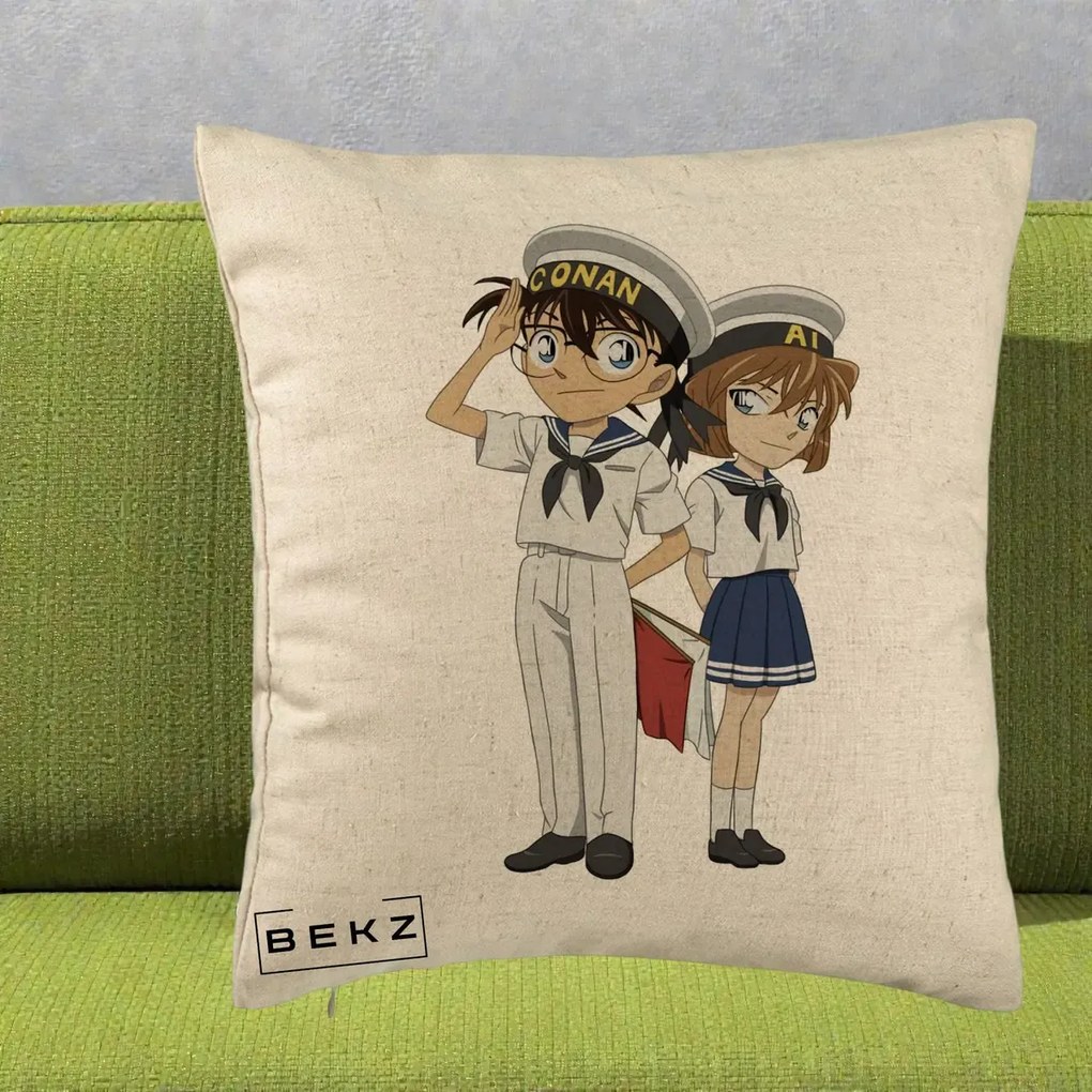 Perna Personalizata Detective Conan Conan si Ai Sailor, 40x40 cm, Bej, Husa Detasabila, Perna Inclusa, BEKZ®