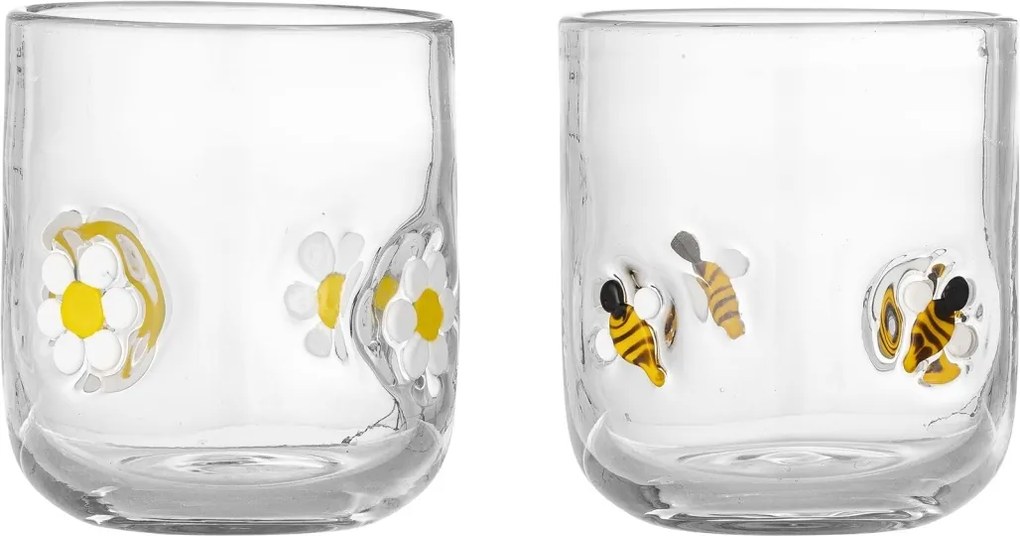 Set 2 pahare din sticlă transparentă cu albine și margarete, D8×H9 cm, 300 ml, „Buzz"