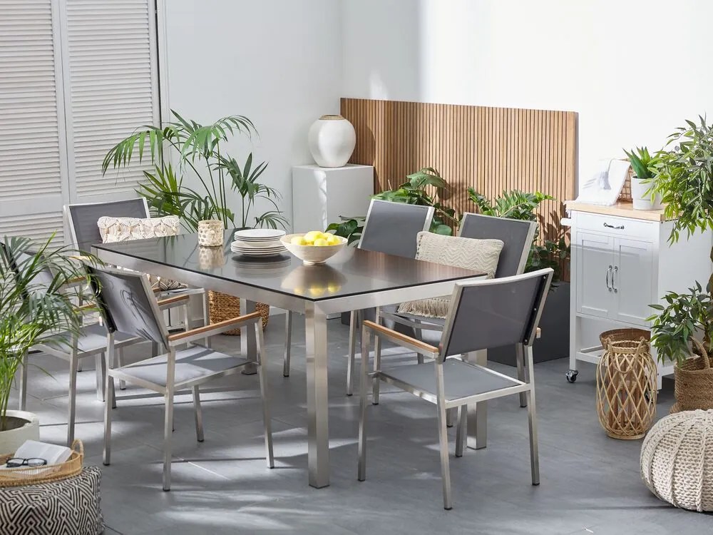 Set de masă pentru grădină Grosso (negru) (6 scaune gri). 1011731