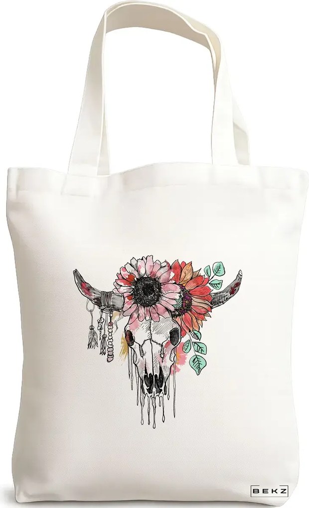 Sacosa de Panza pentru Cumparaturi, Geanta Tote, Cu Design Floral, 38x34.5 cm, Alba, BEKZ®