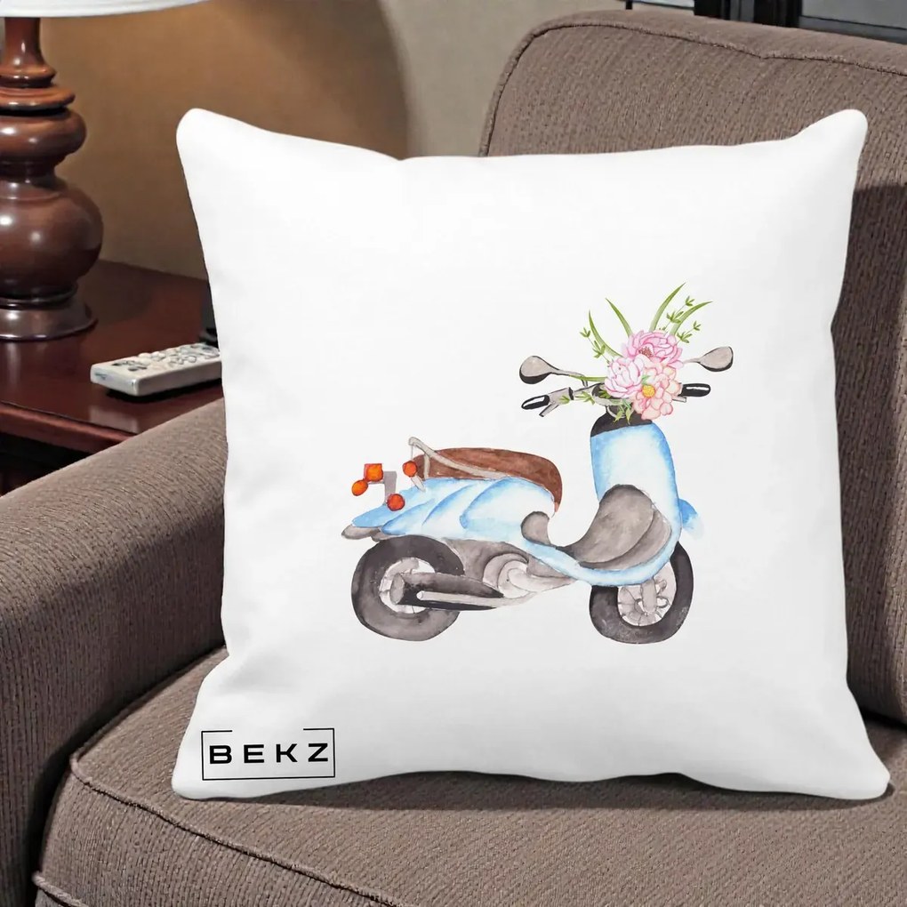 Perna Decorativa Scuter Albastru cu Flori Acuarela, 40x40 cm, Alba Mata, Husa Detasabila, Perna Inclusa, BEKZ®