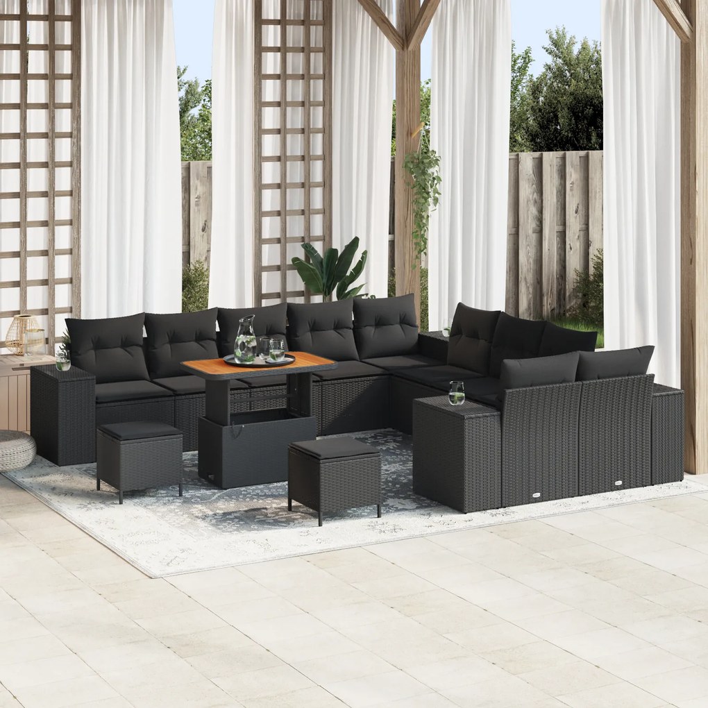 vidaXL Set de canapea pentru grădină, 13 piese, perne incluse, negru, din poly rattan, cu acacia.