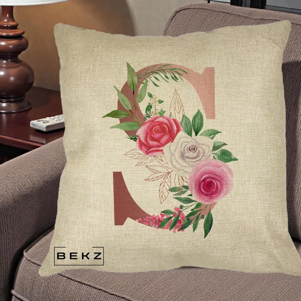Cadou Personalizat - Perna Personalizata Monograma Rose Gold Litera S, 40x40 cm, Crem, Husa Detasabila, Perna Inclusa, BEKZ®
