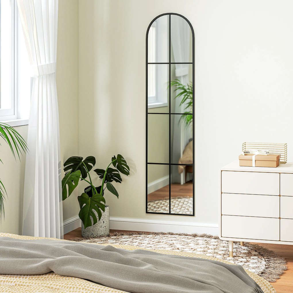HOMCOM Oglindă mare de perete sau pe podea 40 x 160 cm de fereastră arcuită cu cadru metalic, film antifisurare, negru | Aosom Romania