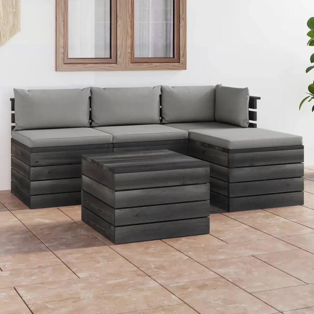 Set mobilier gradina din paleti cu perne, 5 piese, lemn de pin Gri, 5