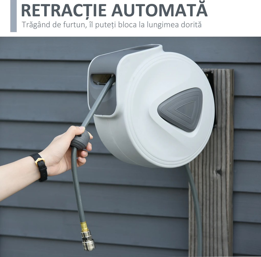 DURHAND Furtun Automat de Perete, Sistem de Irigare cu Conexiune Φ1/4''', Rotire 180º, 20+2m | Aosom Romania