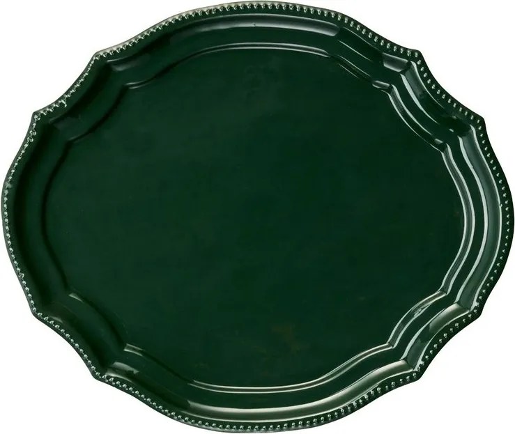 Tavă ovală vintage din metal emailat verde cu margine festonată și bordură cu mărgele, 36×30×H2 cm, „Madam"