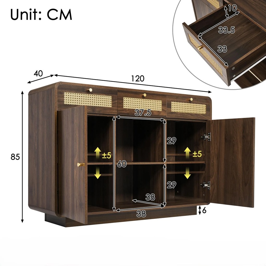 Comodă bufet, 3 sertare + 2 dulapuri cu raft central deschis și fețe din ratan, 120x40x85 cm, Maro