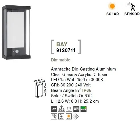 Aplica LED solara de exterior cu senzor miscare IP65 BAY