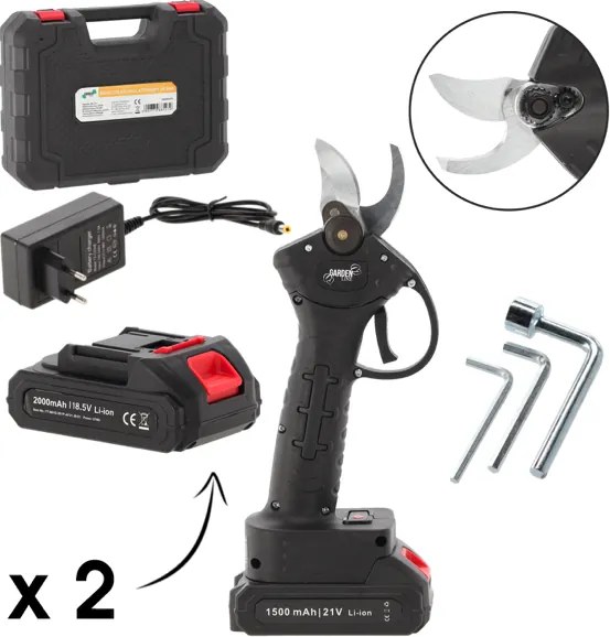 Foarfece de crengi fără fir 25 mm - două baterii, încărcător, geantă de transport