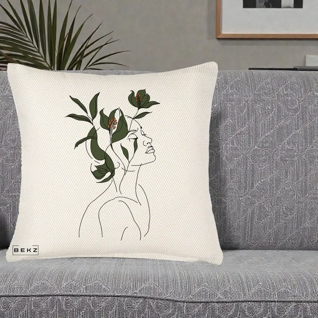 Perna Decorativa Portret Feminin Crin Verde, 40x40 cm, Crem Reliefat, Husa Detasabila, Perna Inclusa, BEKZ®
