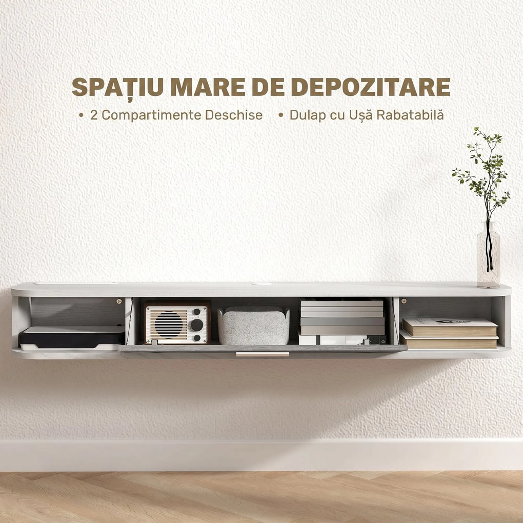 HOMCOM Mobilier TV Suspendat cu 2 Rafturi Deschise și un Dulăpior cu Ușă Rabatabilă, 120x26x16 cm, Gri | Aosom Romania