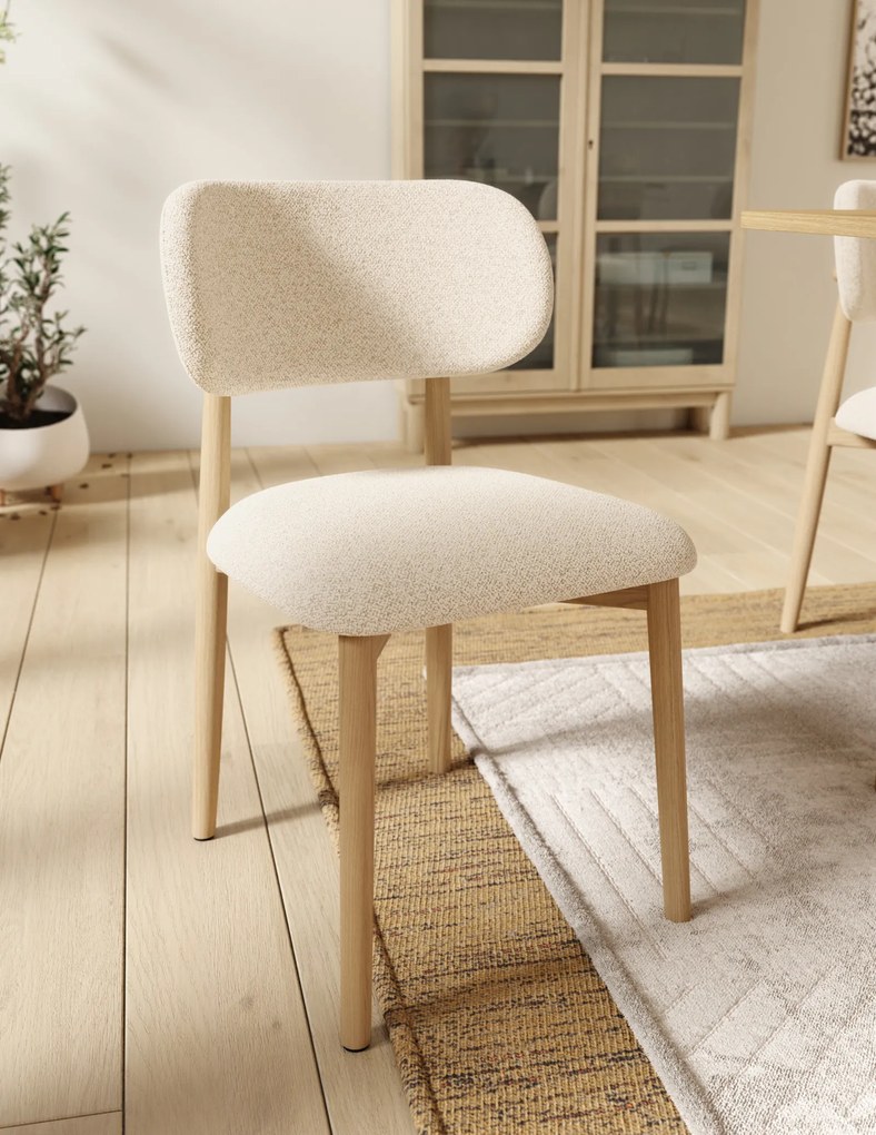 MAZZONI EXPORT ALMO Crem (material Monza 90)/cadru stejar lăcuit - SCAUN DIN LEMN BOUCLÉ PENTRU SALON SUFRAGERIE BUCĂTĂRIE RETRO