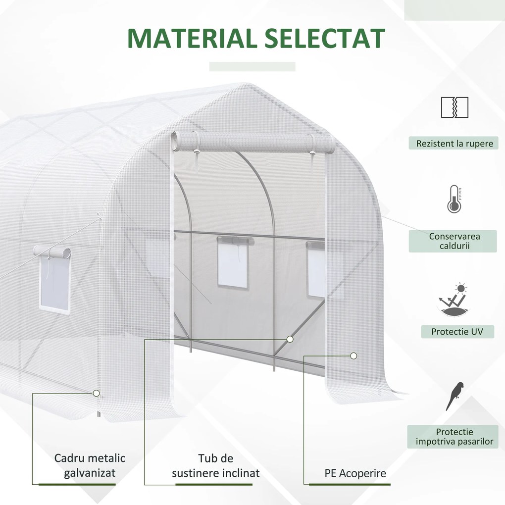 Outsunny Seră de Grădină a Tunnel 4x2x2 m cu Uși Rulabile și 6 Ferestre, Seră pentru Grădină cu Acoperiș înclinat, Structură din Metal și Acoperire PE, pentru Grădinărit Legume Flori Fructe, Alb | Aosom Romania