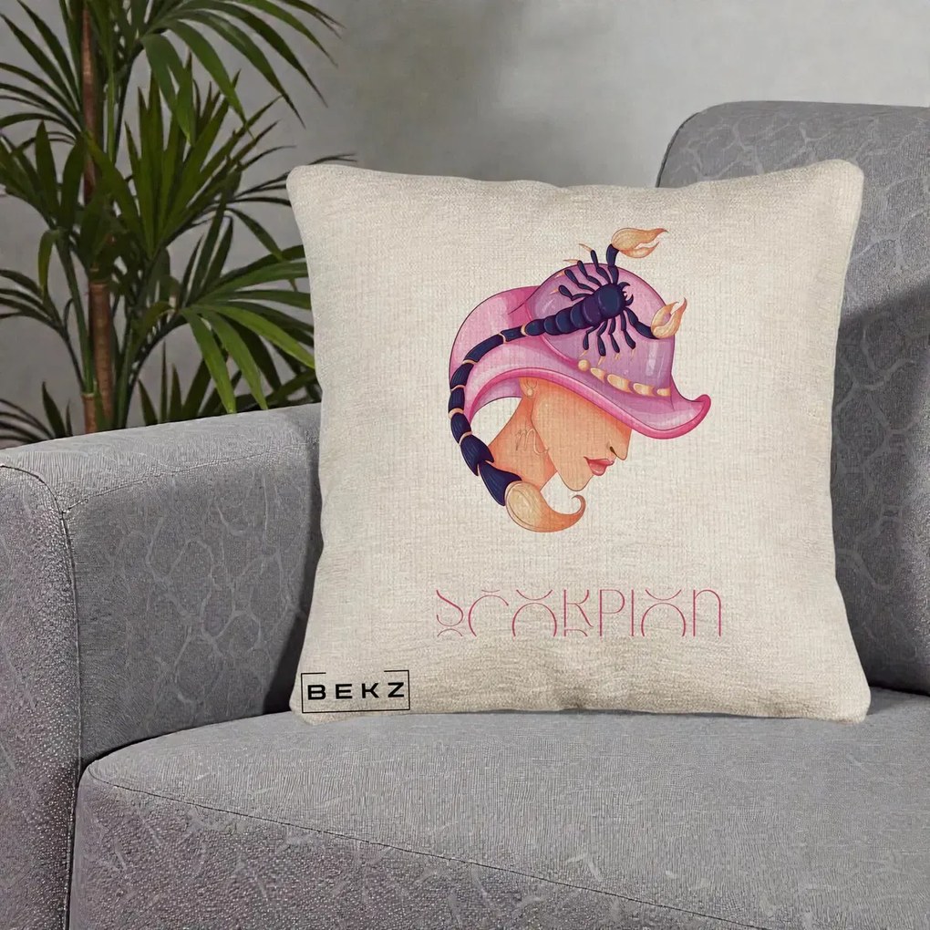 Perna Personalizata Zodiac Scorpion Cowgirl, 40x40 cm, Bej Canapea, Husa Detasabila, Perna Inclusa, BEKZ®
