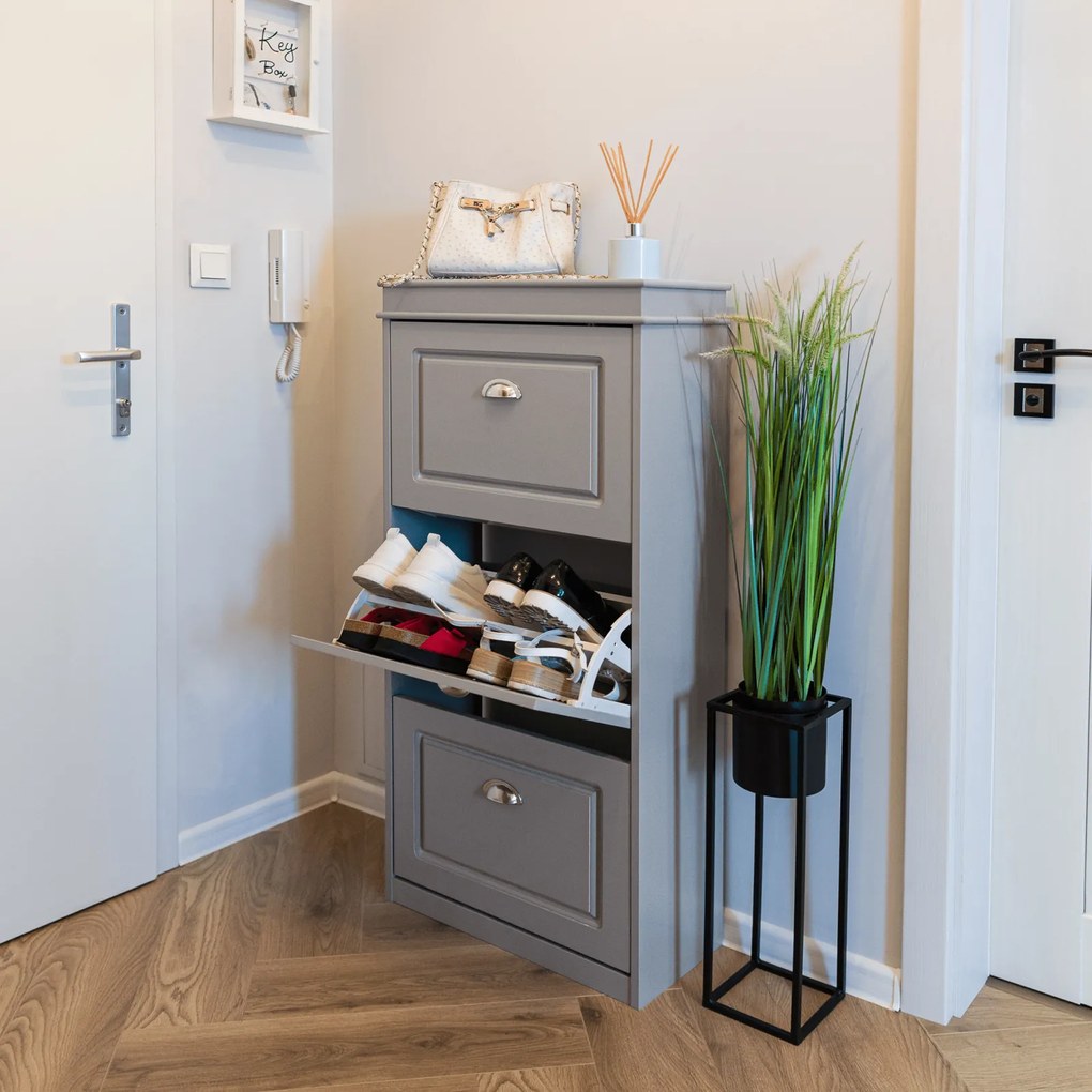 Pantofar, 3 usi compartimente duble, gri, mdf gri