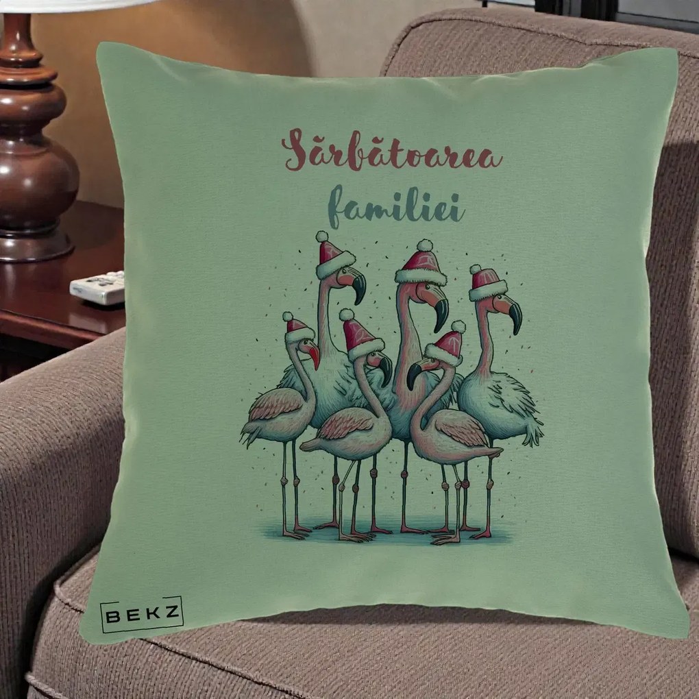 Perna Decorativa Flamingo Craciun Sarbatoarea Familiei, 40x40 cm, Verde, Husa Detasabila, Perna Inclusa, BEKZ®