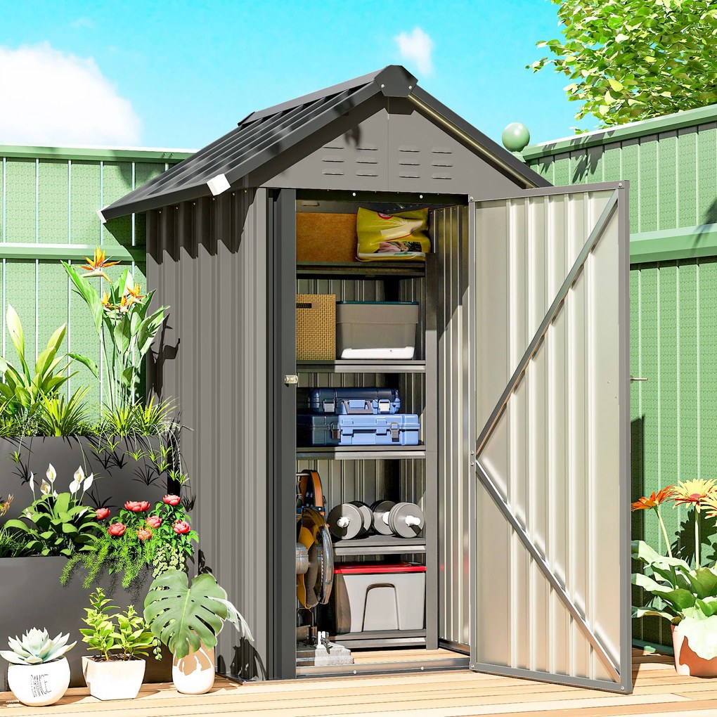 Outsunny Depozit metalic pentru unelte 1,17 m², magazie cu acoperiș în două ape, ventilație, lacăt și mănuși, 122 x 121 x 192 cm | Aosom Romania