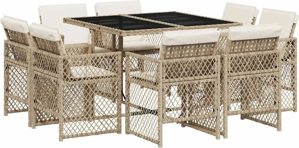 vidaXL Set de masă pentru grădină, 9 piese, cu perne, bej, poliratan