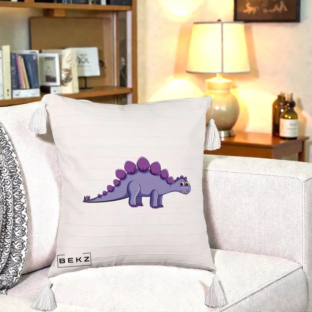 Perna Personalizata Stegozaur Mov, 40x40 cm, Bej cu Franjuri, Husa Detasabila, Perna Inclusa, BEKZ®