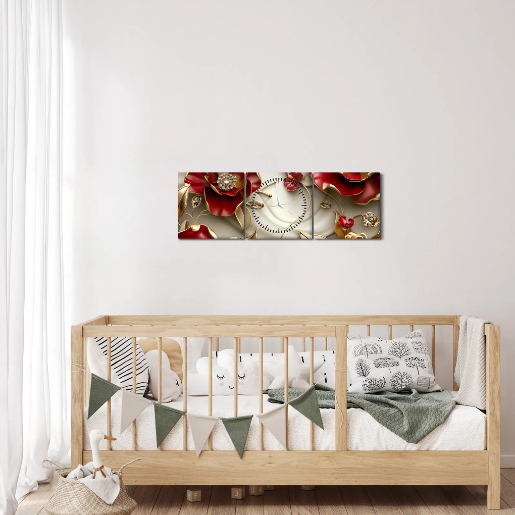 Tablou - Flori 3D Roșu-Auriu (cu ceas) (90x30 cm)