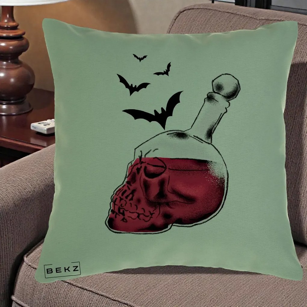 Perna Decorativa Halloween Craniu-Sticla cu Lilieci, 40x40 cm, Verde, Husa Detasabila, Perna Inclusa, BEKZ®